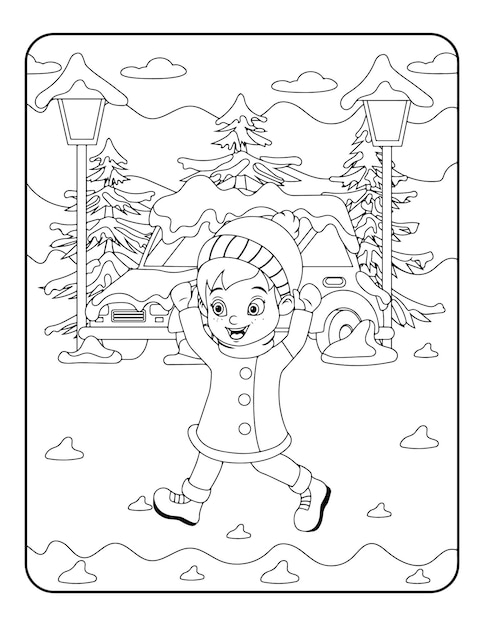 Plantilla de ilustración de vector de invierno en blanco y negro para niños, fondo, patrón, libro para colorear
