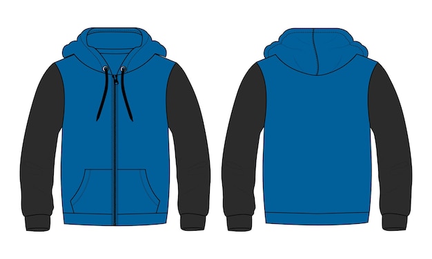 Plantilla de ilustración de vector de sudadera con capucha de manga larga de color azul y negro de dos tonos