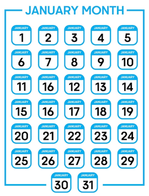 Plantilla de ilustración vectorial de hoja de calendario del 01 al 31 de enero
