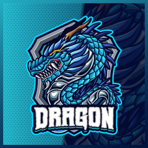 Plantilla de ilustraciones de diseño de logotipo de esport de mascota de dragón chino, logotipo de bestia