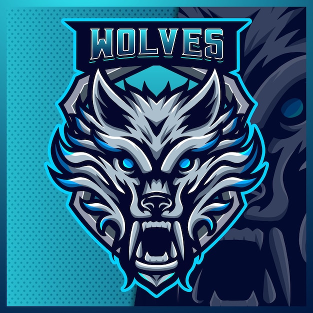 Vector plantilla de ilustraciones de diseño de logotipo de esport de mascota de lobo azul