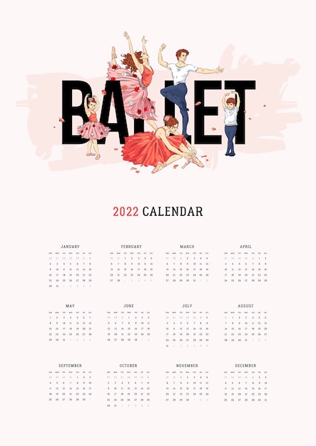 Plantilla ilustrada de calendario 2022 con bailarines de ballet dibujados a mano