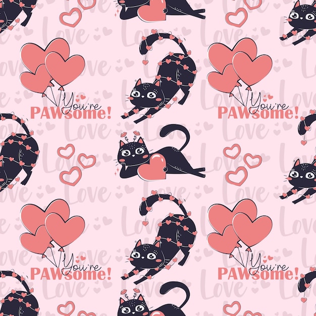 Vector plantilla impresa con patrón sin costuras con gato gracioso negro para el día de san valentín 39 aislado papel de envoltura de amor de colores