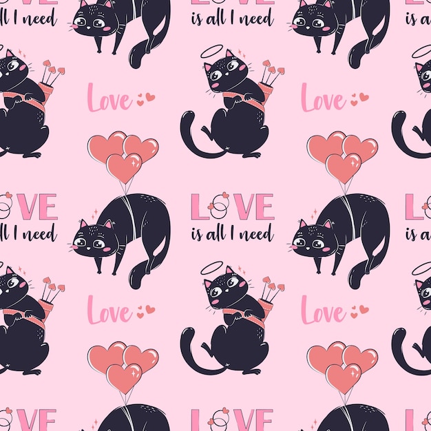 Plantilla impresa con patrón sin costuras con gato gracioso negro para el día de san valentín 39 aislado papel de envoltura de amor de colores