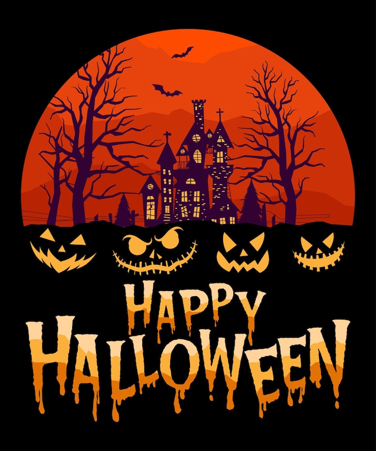 Plantilla de impresión de camisa de Halloween feliz, retro vintage de árbol de calabaza de murciélago de casa de miedo