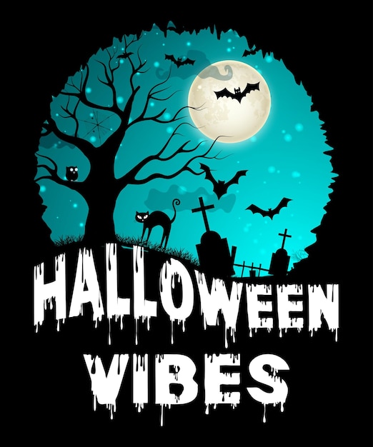 Plantilla de impresión de camisa de vibraciones de Halloween, Calabaza de murciélago de gato de tumba retro vintage de noche de luna oscura de miedo