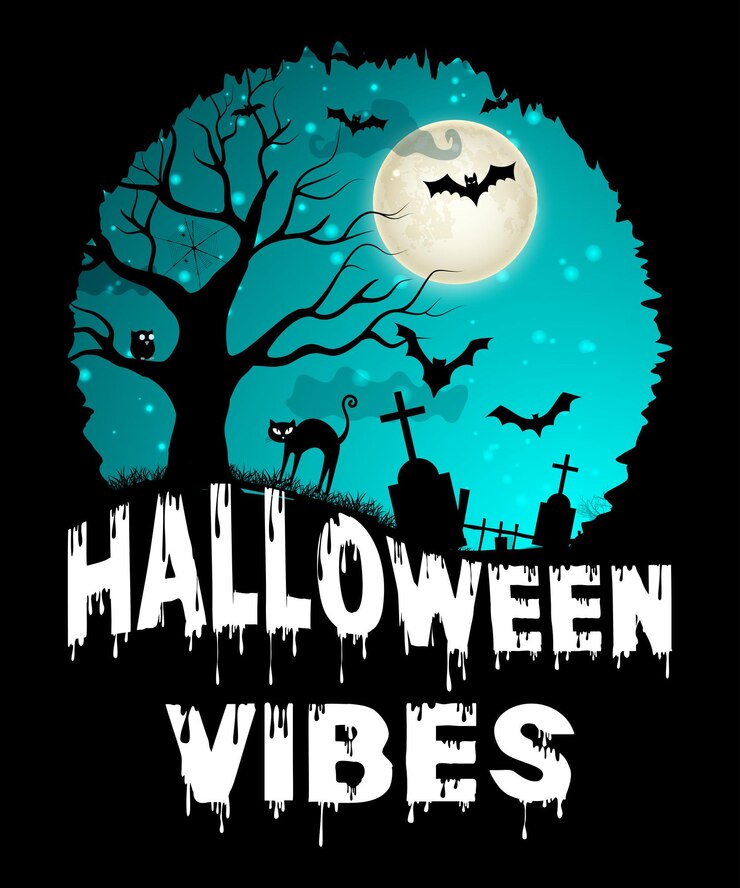Plantilla de impresión de camisa de vibraciones de Halloween, Calabaza de murciélago de gato de tumba retro vintage de noche de luna oscura de miedo