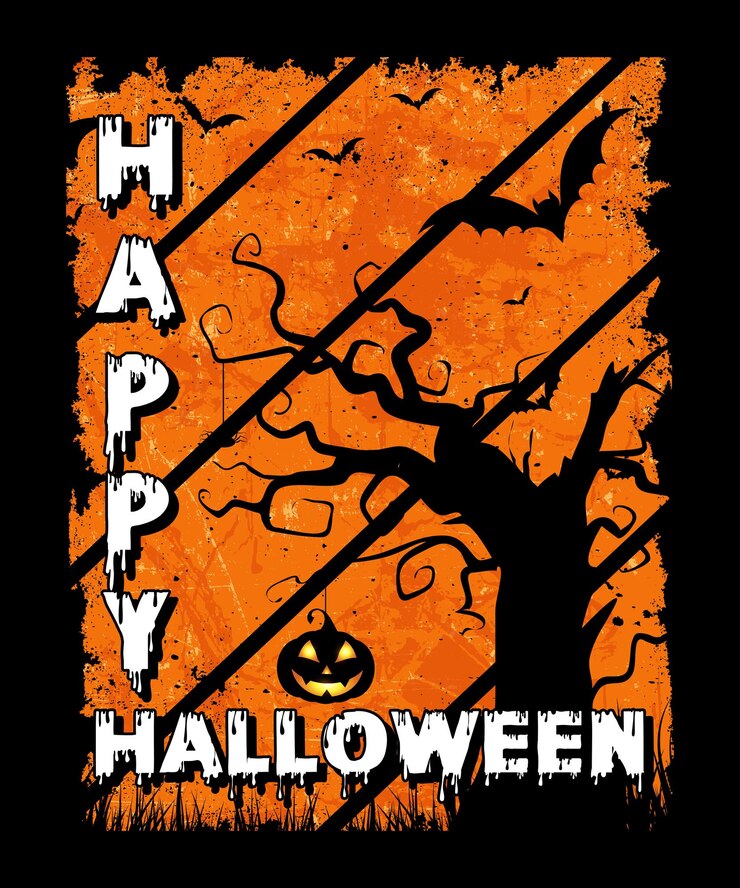 Plantilla de impresión de camiseta de Halloween feliz Vector de árbol de murciélago de calabaza de Halloween fondo vintage oscuro aterrador