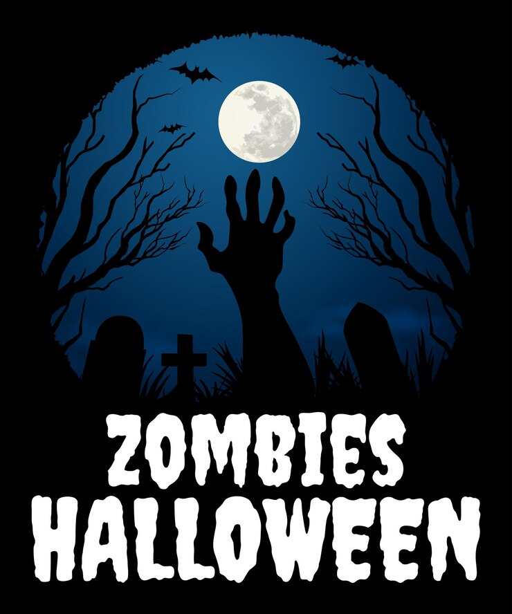 Plantilla de impresión de camiseta de Halloween de zombis Diseño de camiseta de luna oscura retro vintage de gato de murciélago de mano de tumba de miedo