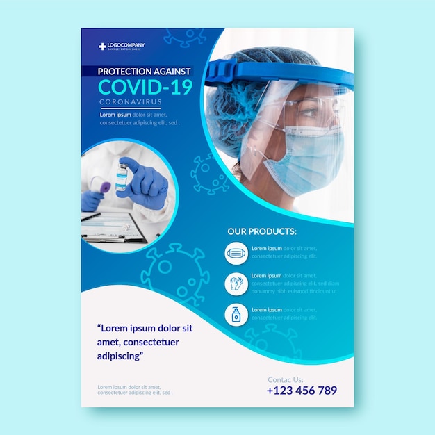 Vector plantilla de impresión de productos médicos de coronavirus con foto