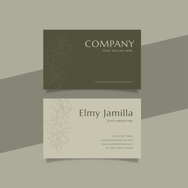 Plantilla imprimible de tarjeta de visita de lujo decorada con follaje y fondo verde color crema