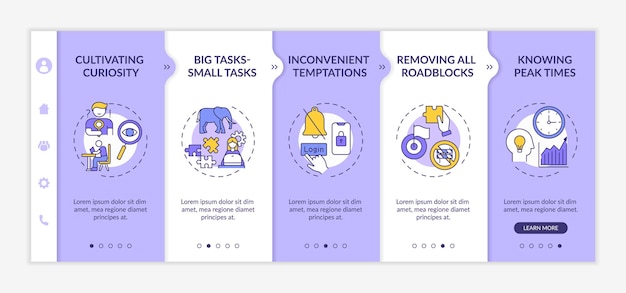 Plantilla de incorporación de consejos para superar el hábito de retrasar las tareas. cultivo de la curiosidad. conocer las horas punta. sitio web móvil receptivo con iconos. pantallas paso a paso del tutorial de la página web. concepto de color rgb