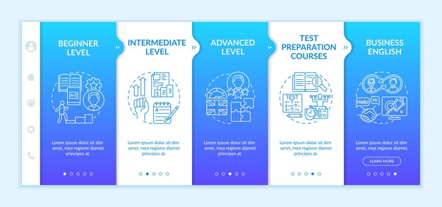 Plantilla de incorporación de niveles de aprendizaje de idiomas extranjeros. nivel elemental, intermedio. inglés de negocios. sitios web móviles adaptables. pantallas paso a paso del tutorial de la página web. concepto de color rgb