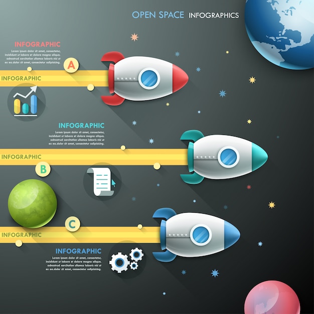 Vector plantilla de infografía con 3 cohetes y planetas.