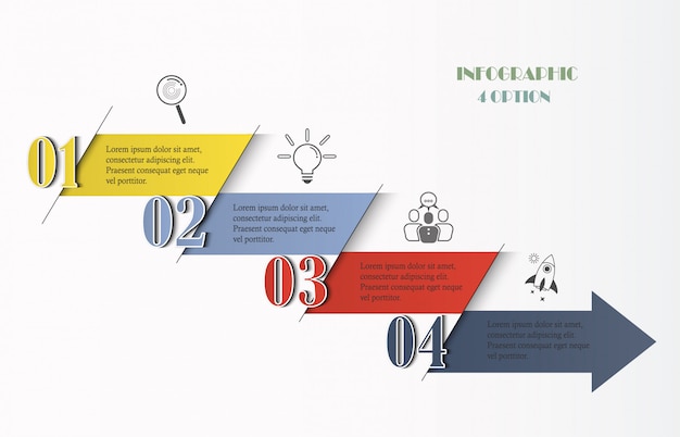 Plantilla de infografía con 4 opciones, pasos, iconos de flechas.