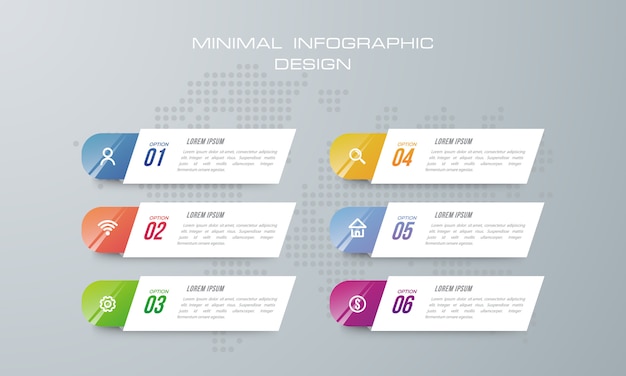 Plantilla de infografía con 6 opciones, flujo de trabajo, tabla de procesos.