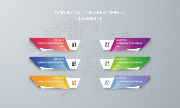 Plantilla de infografía con 6 opciones, flujo de trabajo, tabla de procesos.