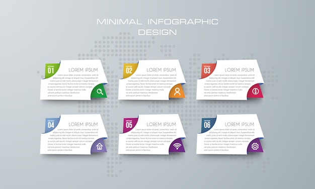 Plantilla de infografía con 6 opciones, flujo de trabajo, tabla de procesos.