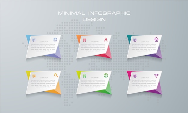 Plantilla de infografía con 6 opciones, flujo de trabajo, tabla de procesos.