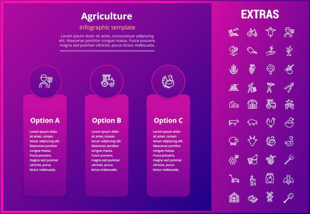 Plantilla de infografía agricultura, elementos, iconos.