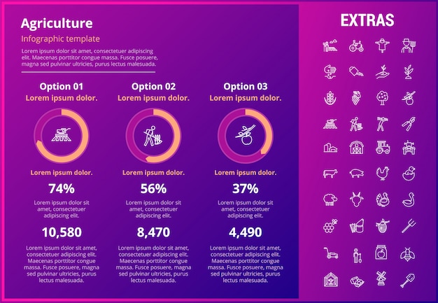 Plantilla de infografía agricultura, elementos, iconos.