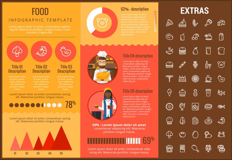Vector plantilla de infografía de alimentos, elementos e iconos
