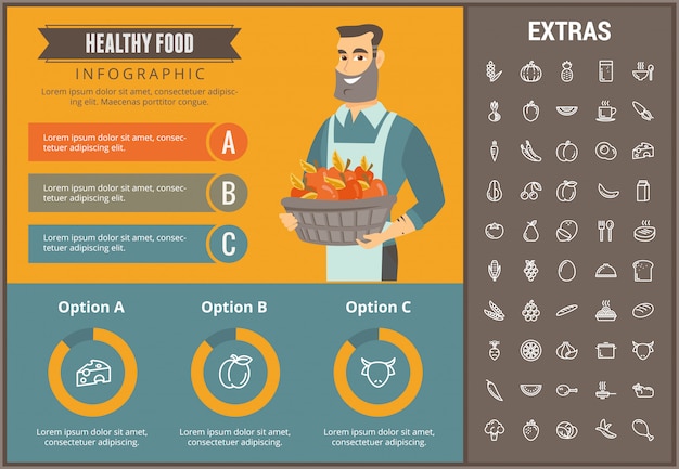 Plantilla de infografía de alimentos saludables, elementos, iconos