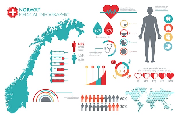 Plantilla de infografía de atención médica de noruega con mapa y gráficos múltiples