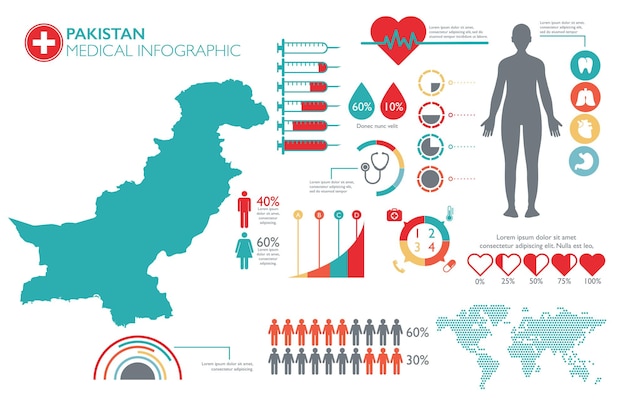 Plantilla de infografía de atención médica de Pakistán con mapa y gráficos múltiples