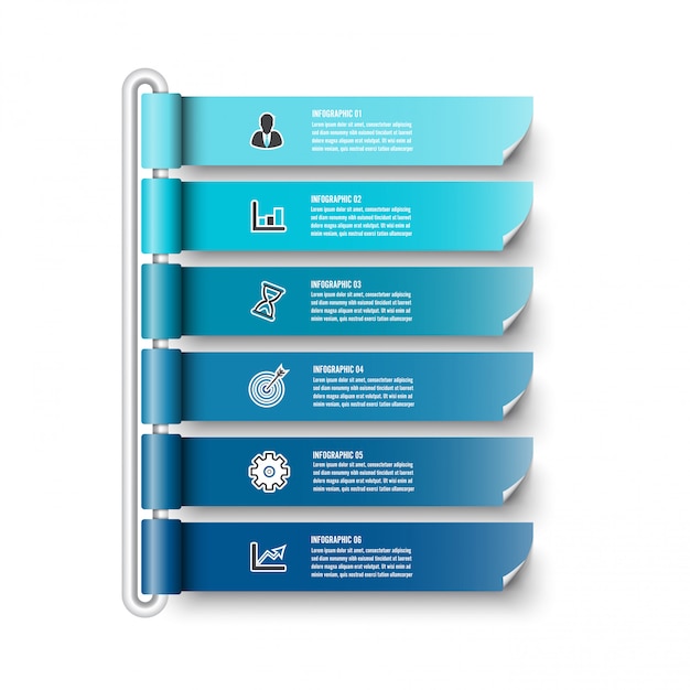 Plantilla de infografía con banner de papel 3d, círculos integrados. concepto de negocio con 6 opciones. para contenido, diagrama, diagrama de flujo, pasos, partes, infografías de línea de tiempo, flujo de trabajo, gráfico.