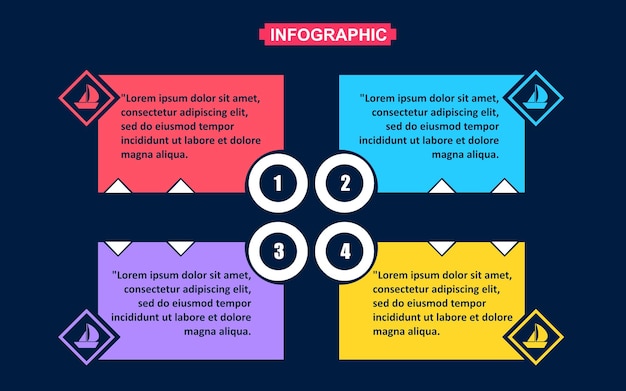 Plantilla de infografía de barco con cuatro opciones en la ilustración de vector de fondo oscuro