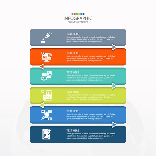 Plantilla de infografía básica con 6 pasos, proceso u opciones, diagrama de proceso, utilizado para diagrama de proceso, presentaciones, diseño de flujo de trabajo, diagrama de flujo, infografía. ilustración de vector eps10.