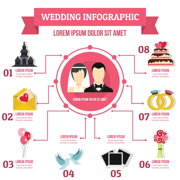 Plantilla de infografía de boda, estilo plano