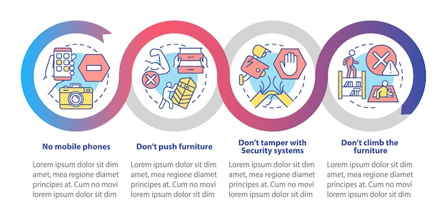 Plantilla de infografía de bucle de restricciones de sala de escape sin cámara visualización de datos con 4 pasos gráfico de información de línea de tiempo de proceso diseño de flujo de trabajo con iconos de línea myriad probold fuentes regulares utilizadas