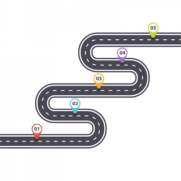 Plantilla de infografía Carretera de asfalto curvada con punteros de color.
