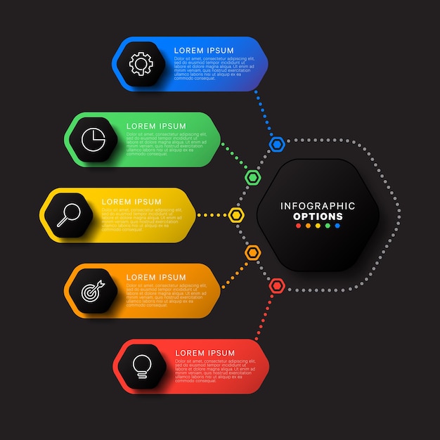 plantilla de infografía con cinco elementos hexagonales sobre fondo negro proceso de negocio moderno