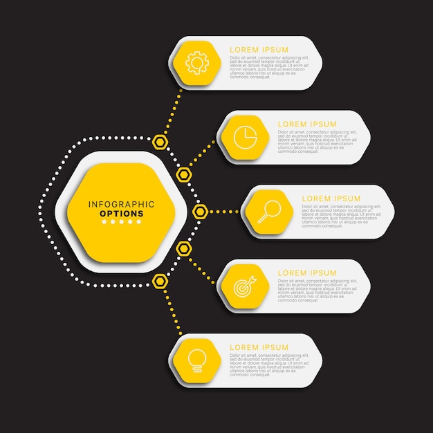 Plantilla de infografía con cinco opciones hexagonales amarillas sobre fondo negro