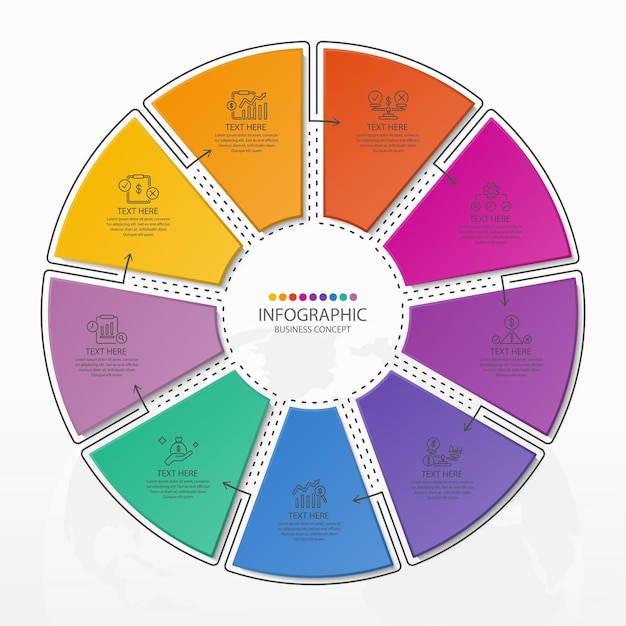 Plantilla de infografía circular básica con proceso de 9 pasos o gráfico de proceso de opciones