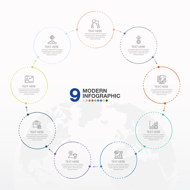 Plantilla de infografía circular con proceso de 9 pasos o gráfico de proceso de opciones