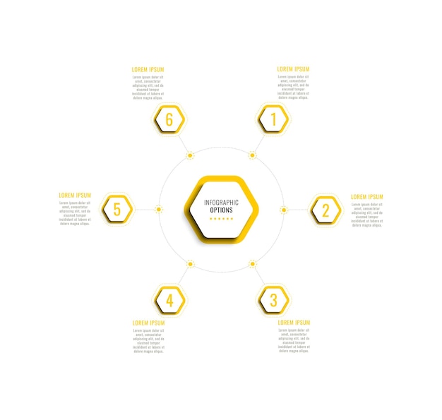 Plantilla de infografía circular de seis pasos con elementos hexagonales amarillos sobre un fondo blanco