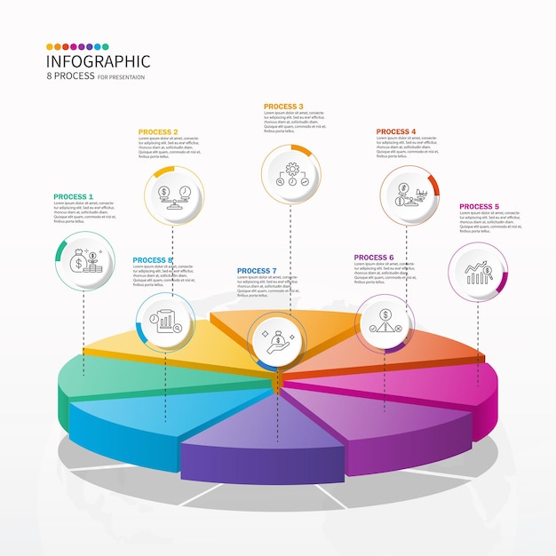 plantilla de infografía de círculo 3D con proceso o opciones de 8 pasos