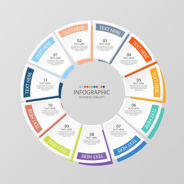 Plantilla de infografía de círculo básico con 11 pasos, proceso u opciones, diagrama de proceso, utilizado para diagrama de proceso, presentaciones, diseño de flujo de trabajo, diagrama de flujo, infografía. Ilustración de vector eps10.