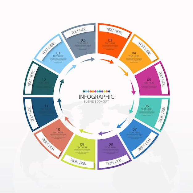 Plantilla de infografía de círculo básico con 12 pasos, proceso u opciones, diagrama de proceso, utilizado para diagrama de proceso, presentaciones, diseño de flujo de trabajo, diagrama de flujo, infografía. Ilustración de vector eps10.