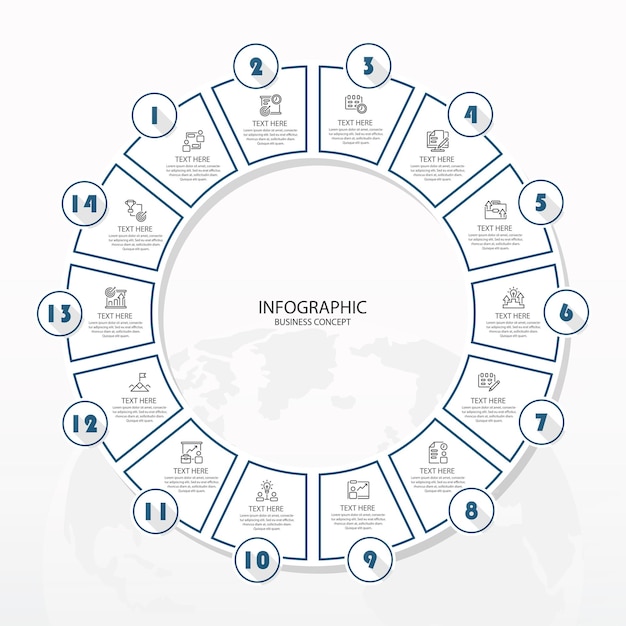Plantilla de infografía de círculo básico con 14 pasos, proceso u opciones, gráfico de proceso.