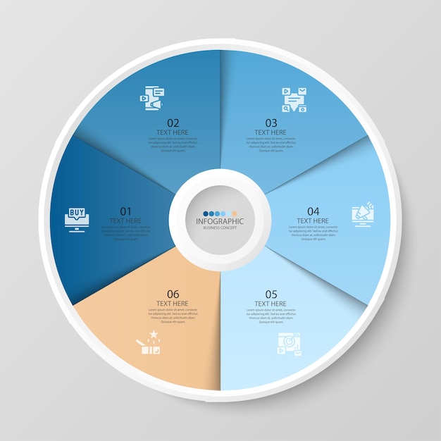 Plantilla de infografía de círculo básico con 6 pasos, proceso u opciones, diagrama de proceso, utilizado para diagrama de proceso, presentaciones, diseño de flujo de trabajo, diagrama de flujo, infografía. ilustración de vector eps10.