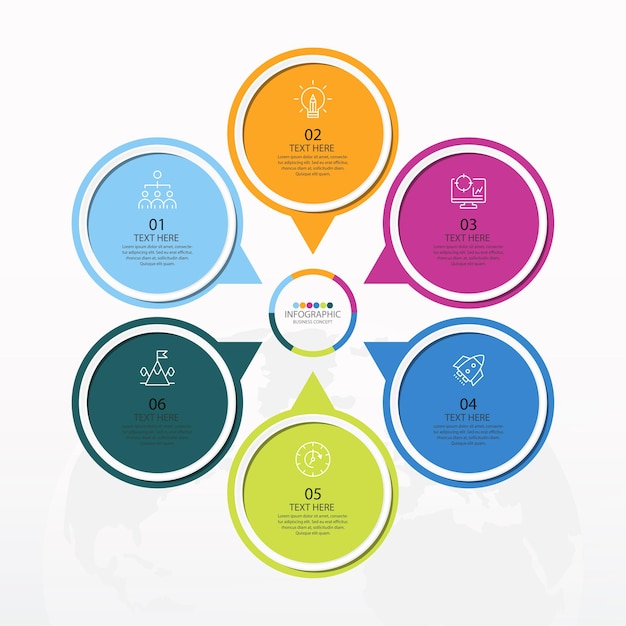 Plantilla de infografía de círculo básico con 6 pasos, proceso u opciones, diagrama de proceso, utilizado para diagrama de proceso, presentaciones, diseño de flujo de trabajo, diagrama de flujo, infografía. Ilustración de vector eps10.