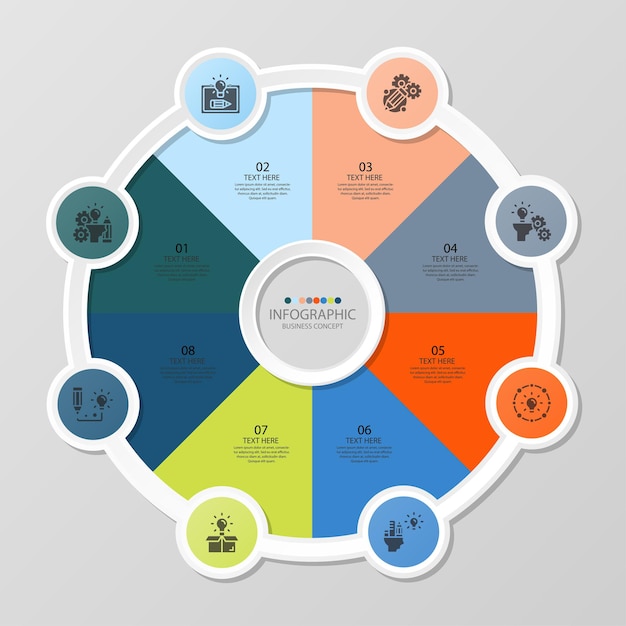 Plantilla de infografía de círculo básico con 8 pasos, proceso u opciones, diagrama de proceso, utilizado para diagrama de proceso, presentaciones, diseño de flujo de trabajo, diagrama de flujo, infografía. Ilustración de vector eps10.