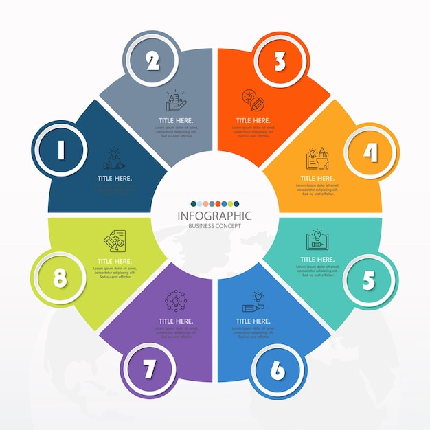 Plantilla de infografía de círculo básico con 8 pasos, proceso u opciones, diagrama de proceso, utilizado para diagrama de proceso, presentaciones, diseño de flujo de trabajo, diagrama de flujo, infografía. Ilustración de vector eps10.