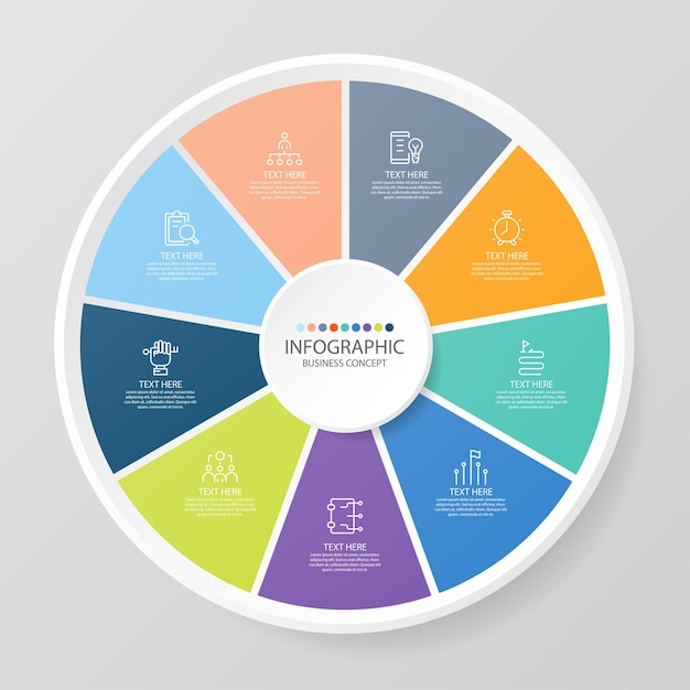 Plantilla de infografía de círculo básico con 9 pasos, proceso u opciones, diagrama de proceso, utilizado para diagrama de proceso, presentaciones, diseño de flujo de trabajo, diagrama de flujo, infografía. Ilustración de vector eps10.