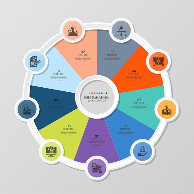 Plantilla de infografía de círculo básico con 9 pasos, proceso u opciones, diagrama de proceso, utilizado para diagrama de proceso, presentaciones, diseño de flujo de trabajo, diagrama de flujo, infografía. Ilustración de vector eps10.